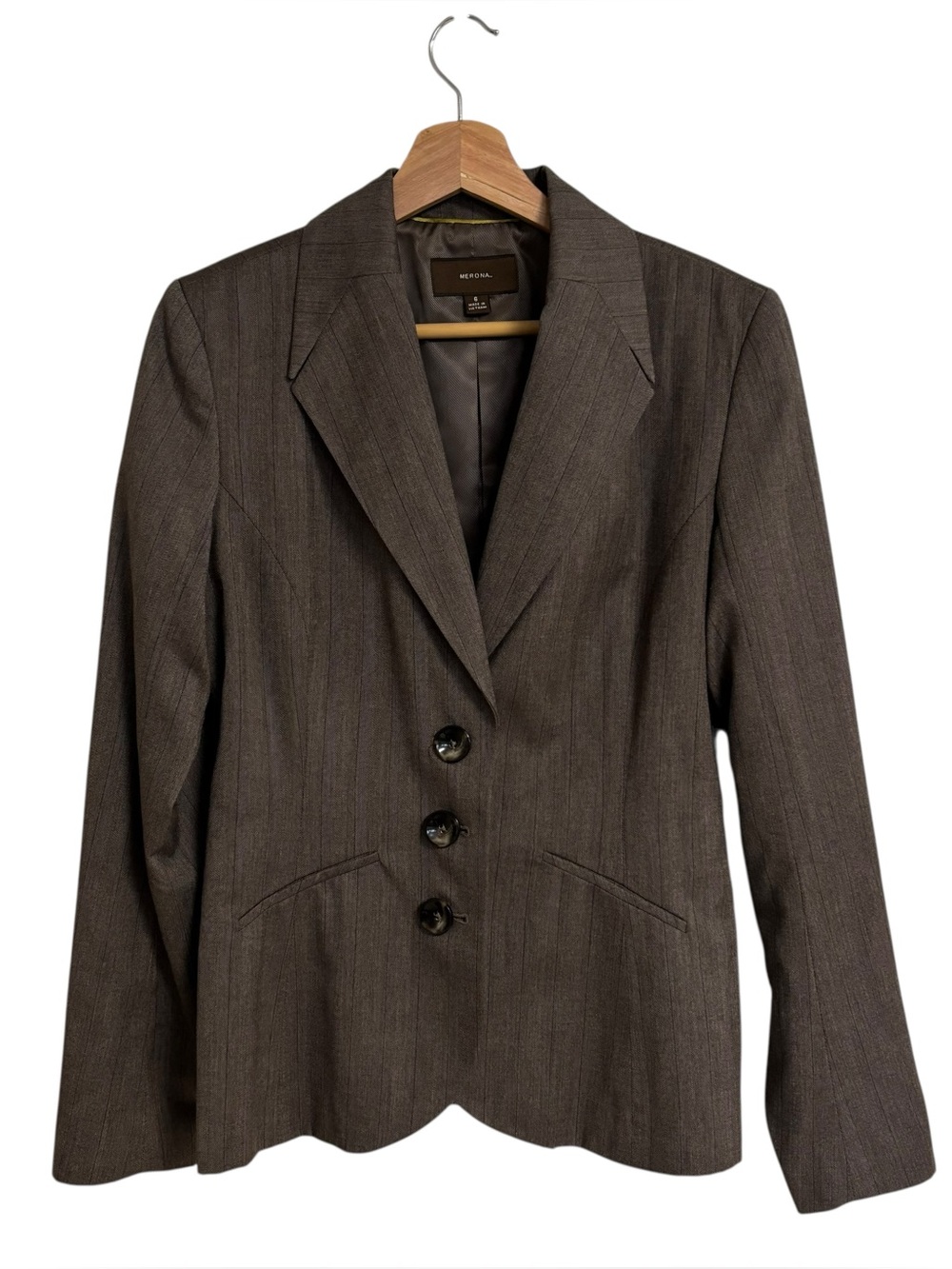 Merona brown striped wool blend fitted button office career blazer jacket size 6